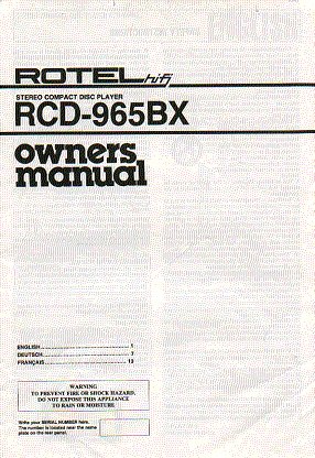 rotel rcd 965bx  compact disc player  cd player   instruction manual  user guide
