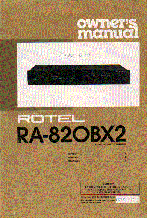 rotel ra820bx2 amplifier  user guide