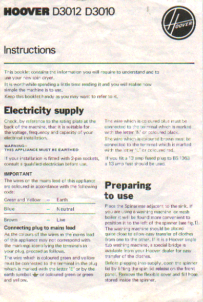 hoover washing machine instruction manual users guide